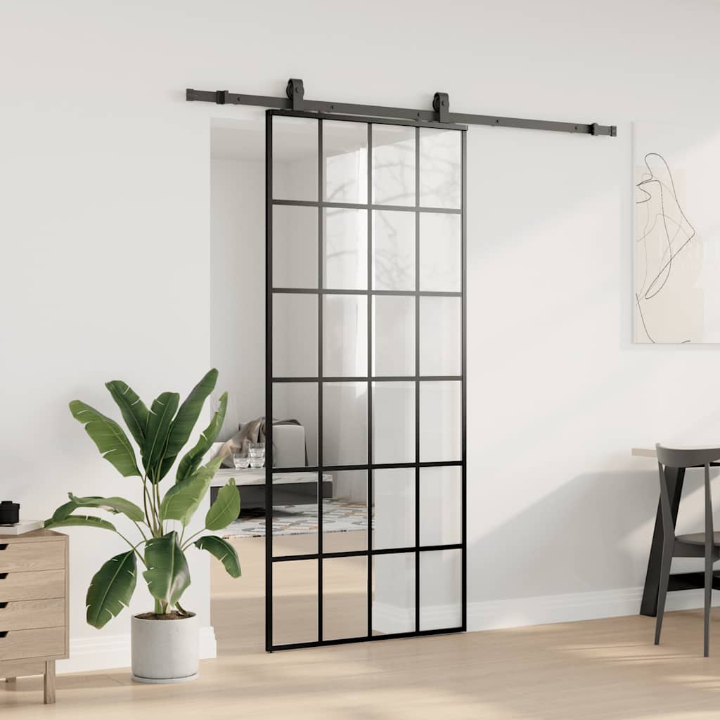 Schiebetür mit Beschlag Schwarz 90x205 cm ESG-Glas