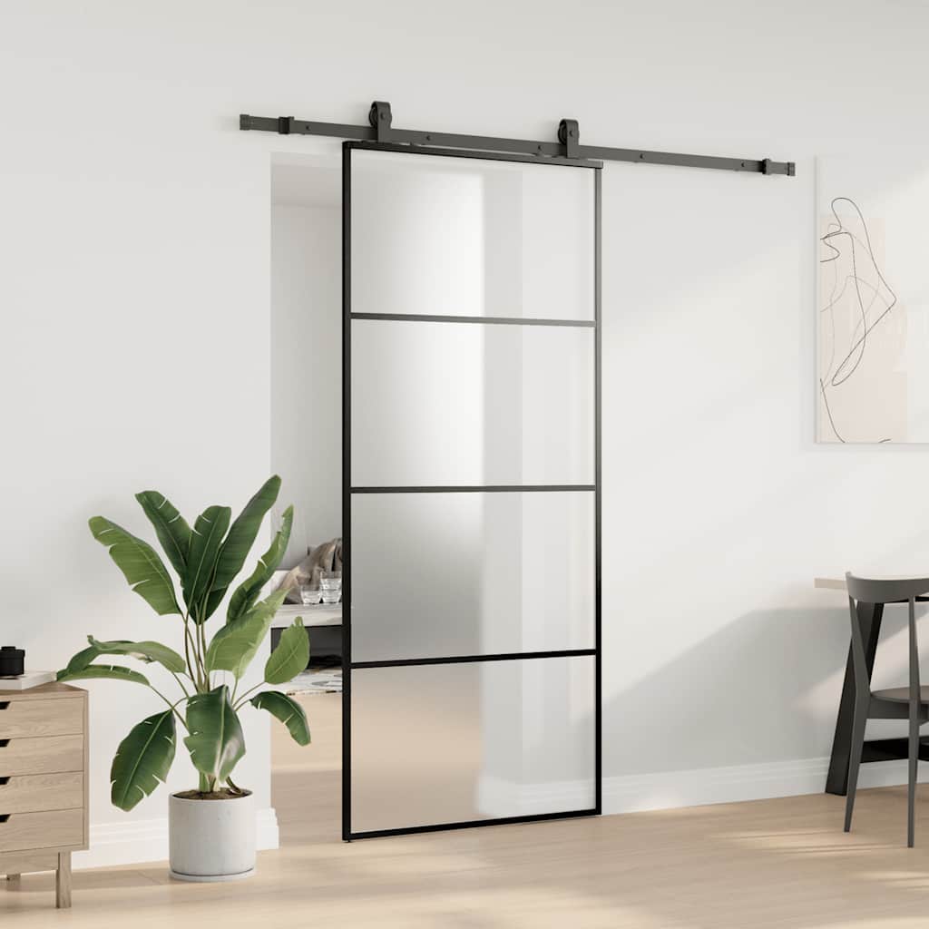 Schiebetür mit Beschlag Schwarz 90x205 cm ESG-Glas