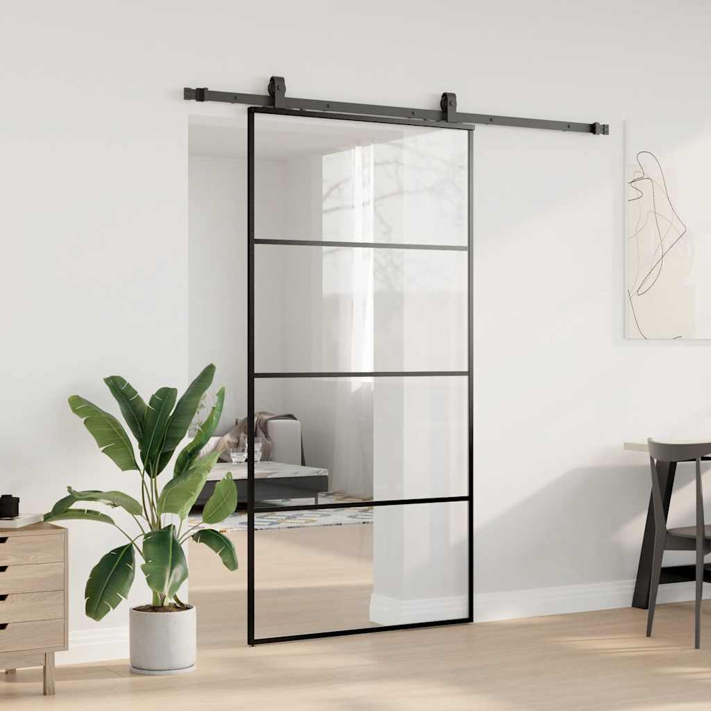 Schiebetür mit Beschlag Schwarz 102,5x205 cm ESG-Glas