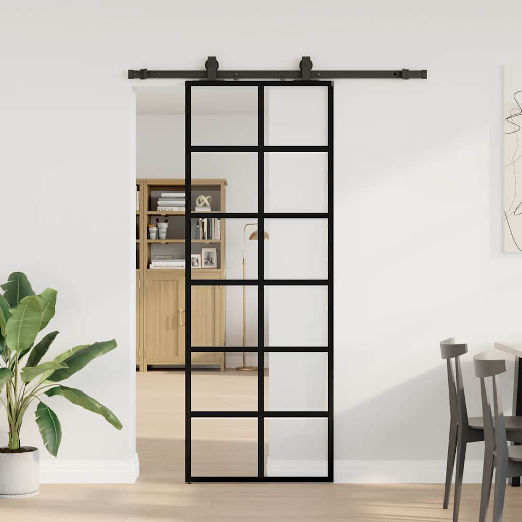 Schiebetür mit Beschlag Schwarz 76x205 cm ESG-Glas