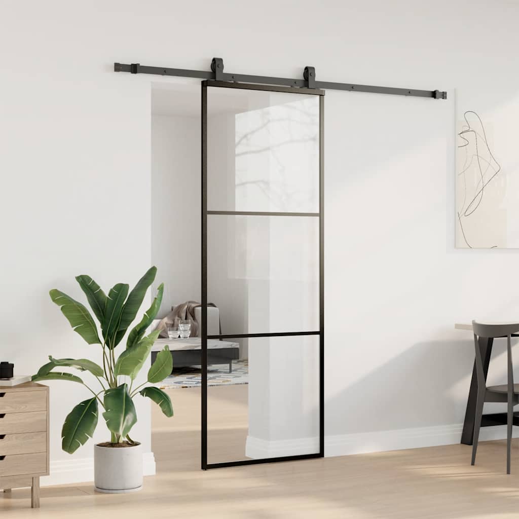 Schiebetür mit Beschlag Schwarz 76x205 cm ESG-Glas