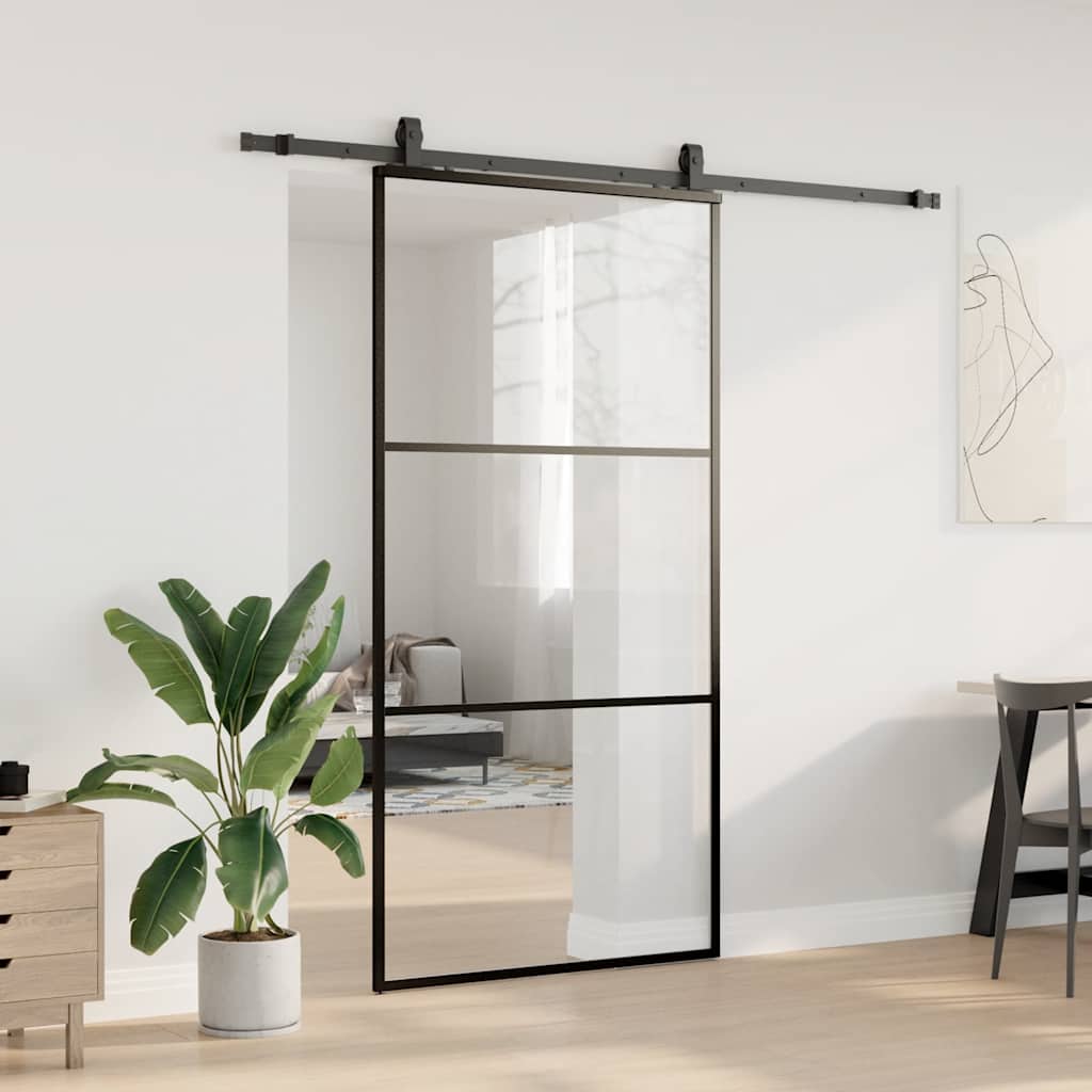 Schiebetür mit Beschlag Schwarz 102x205 cm ESG-Glas