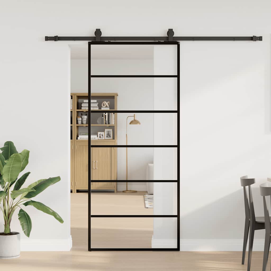 Schiebetür mit Beschlag Schwarz 90x205 cm ESG-Glas