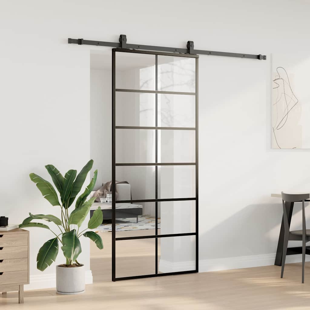 Schiebetür mit Beschlag Schwarz 90x205 cm ESG-Glas