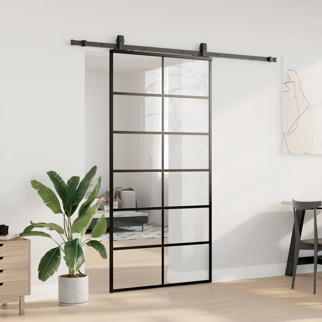 Schiebetür mit Beschlag Schwarz 102x205 cm ESG-Glas