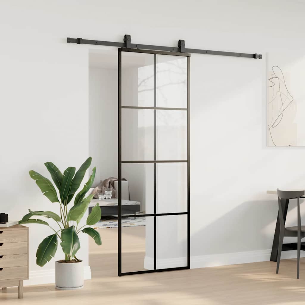 Schiebetür mit Beschlag Schwarz 76x205 cm ESG-Glas