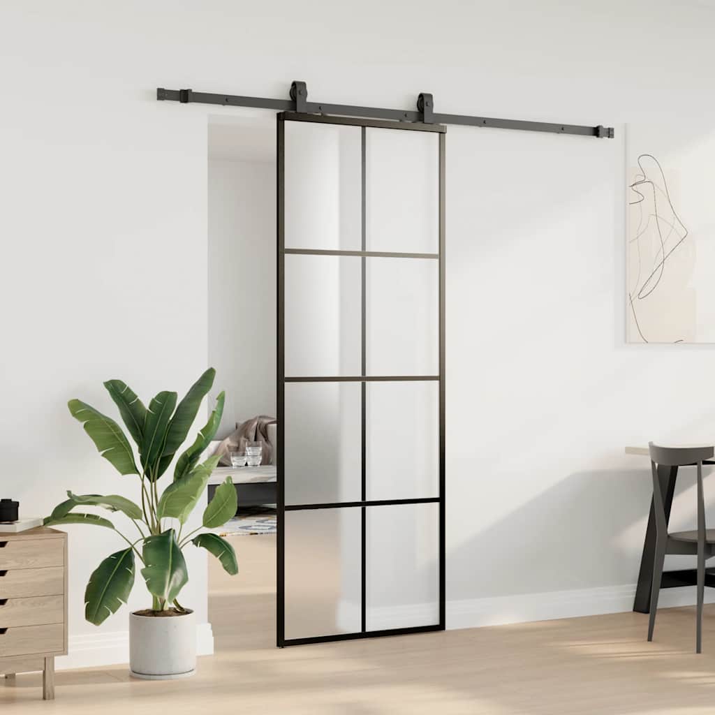 Schiebetür mit Beschlag Schwarz 76x205 cm ESG-Glas