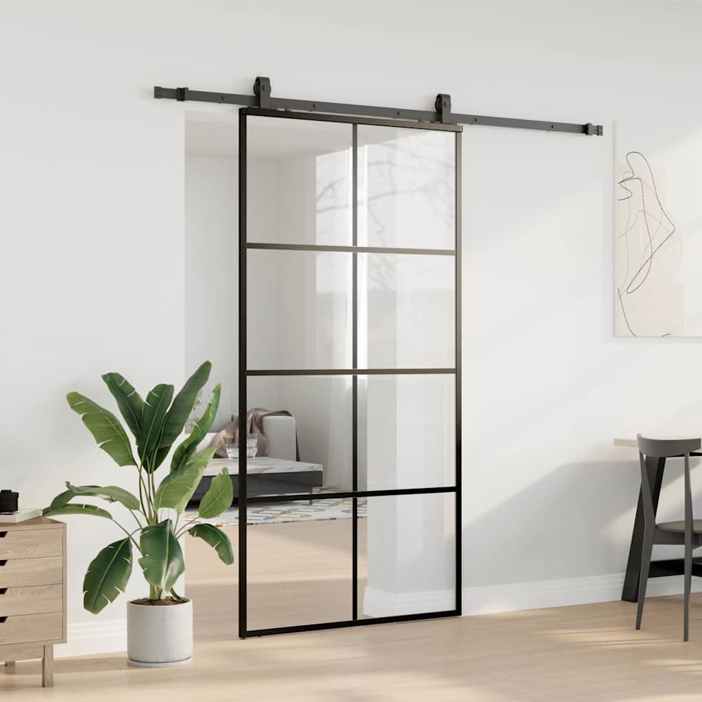 Schiebetür mit Beschlag Schwarz 102,5x205 cm ESG-Glas