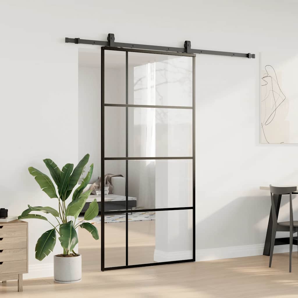 Schiebetür mit Beschlag Schwarz 102,5x205 cm ESG-Glas