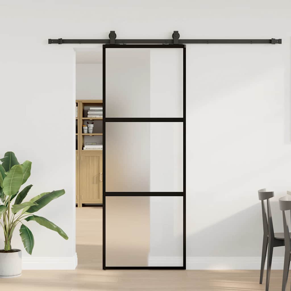 Schiebetür mit Beschlag Schwarz 76x205 cm Hartglas