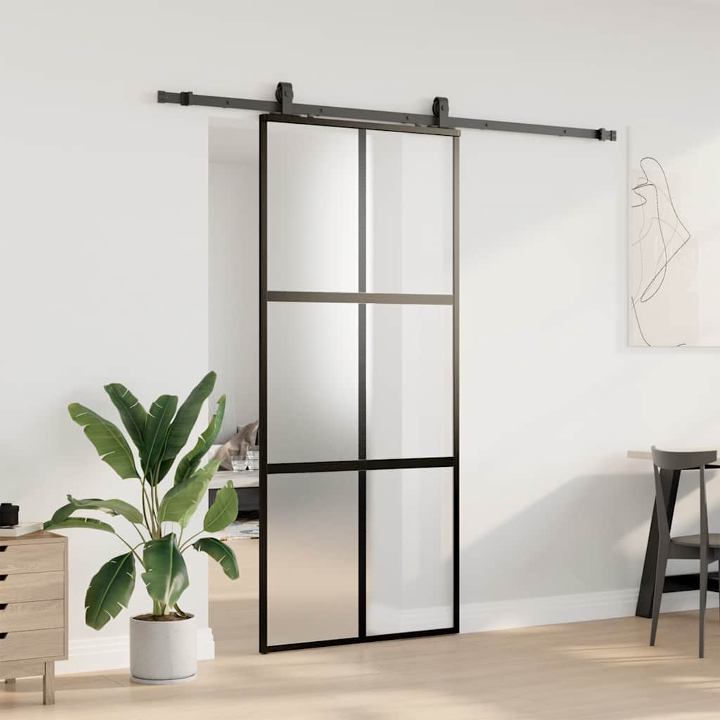 Schiebetür mit Beschlag Schwarz 90x205 cm Hartglas