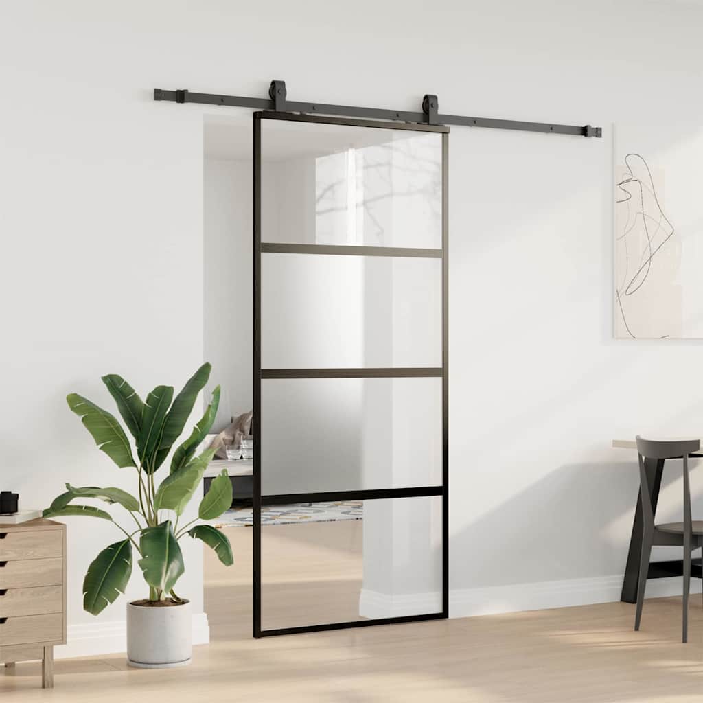 Schiebetür mit Beschlag Schwarz 90x205 cm Hartglas