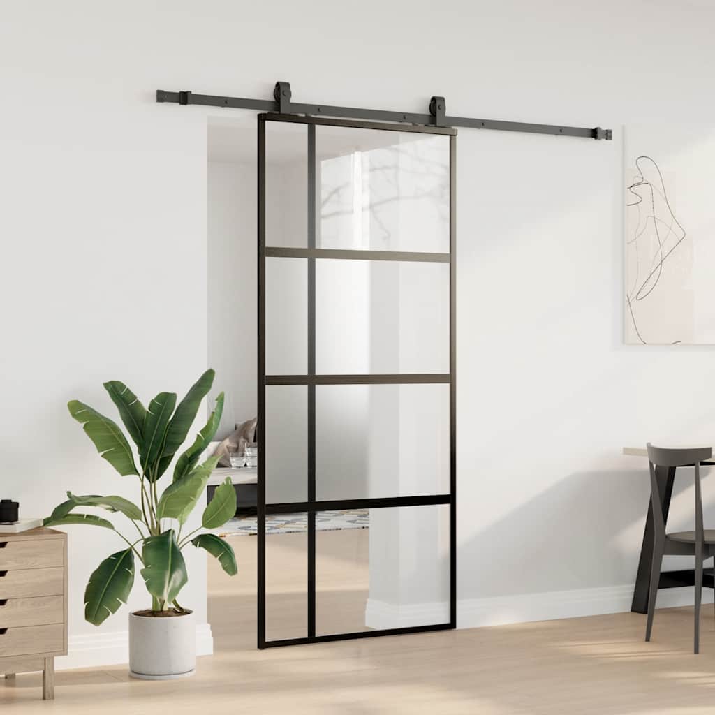Schiebetür mit Beschlag Schwarz 90x205 cm Hartglas