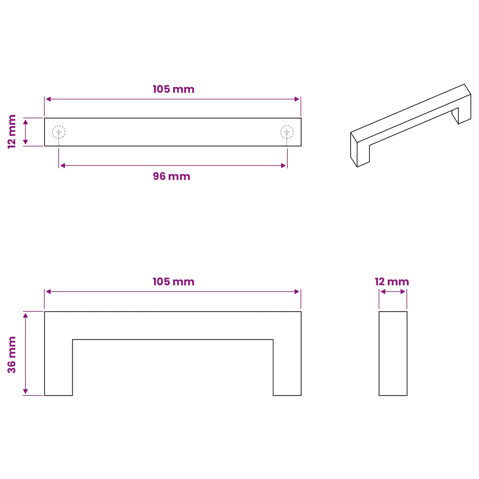 Möbelgriff 530 stk. Schwarz 105 x 12 x 36 mm Eisen