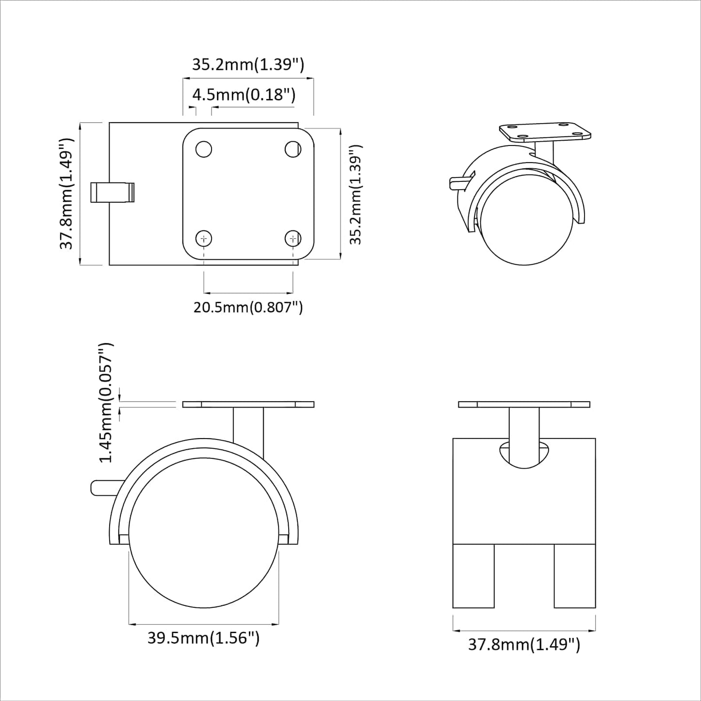 Rolle 2 Stk. Schwarz 39,5 x 39,5 x 37,8 mm