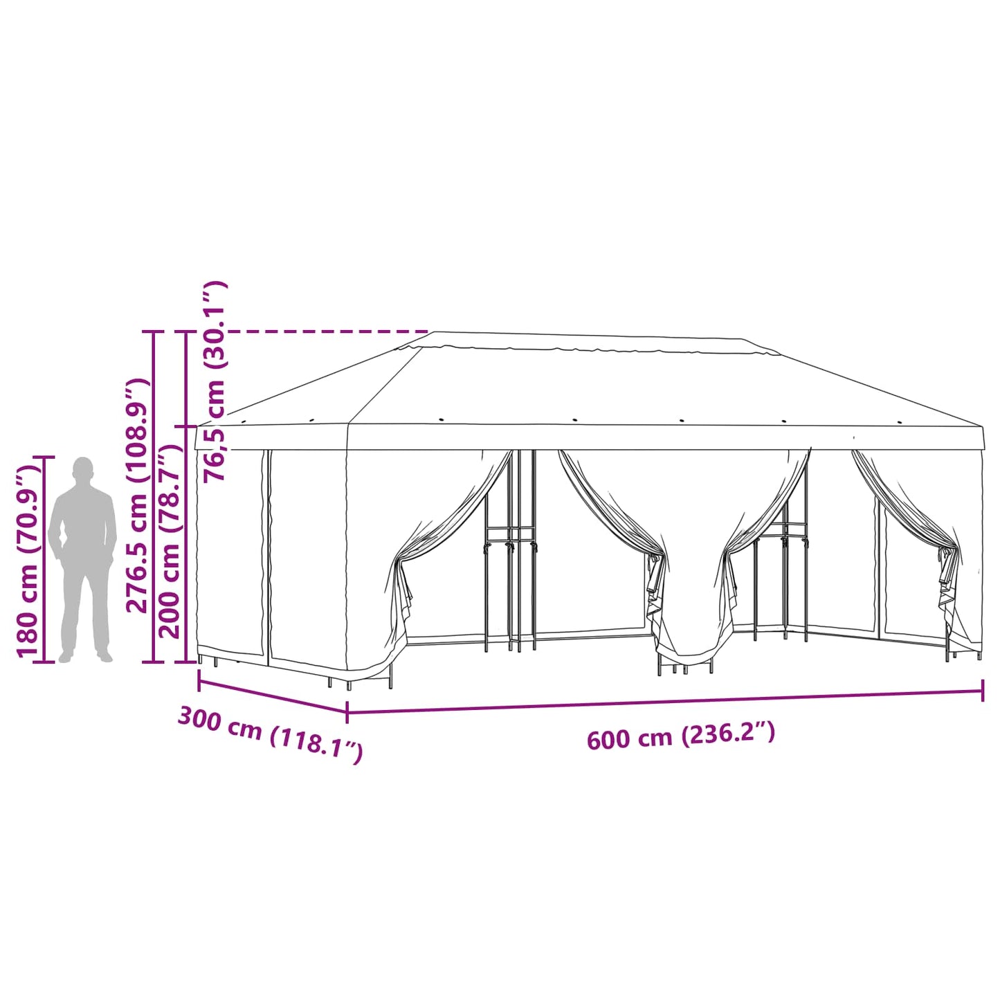 Garten Pavillon mit Seitenwänden 6 x 3 m Schwarz