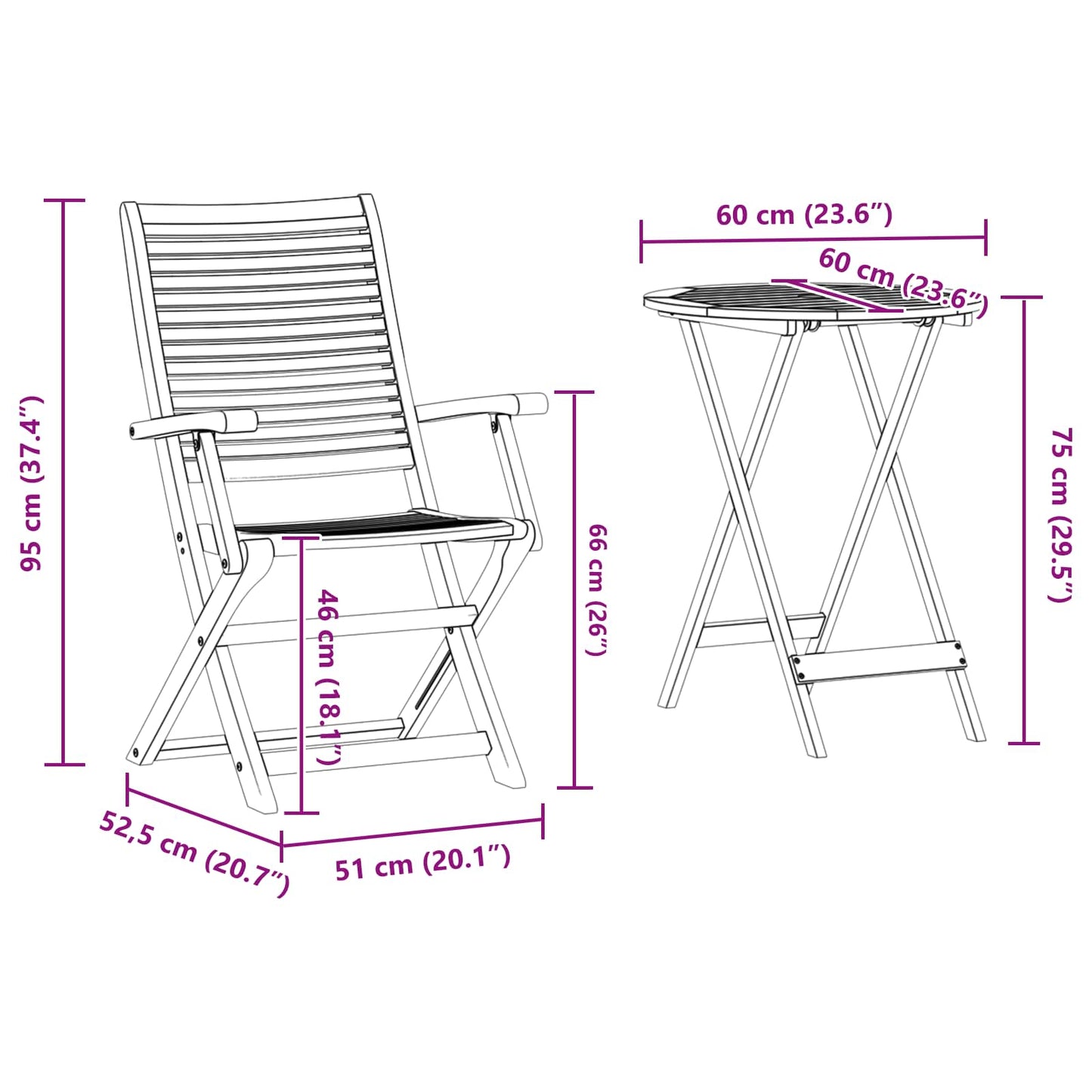 Klapp Bistro Set 3 stk. Braun Massivholz Akazie