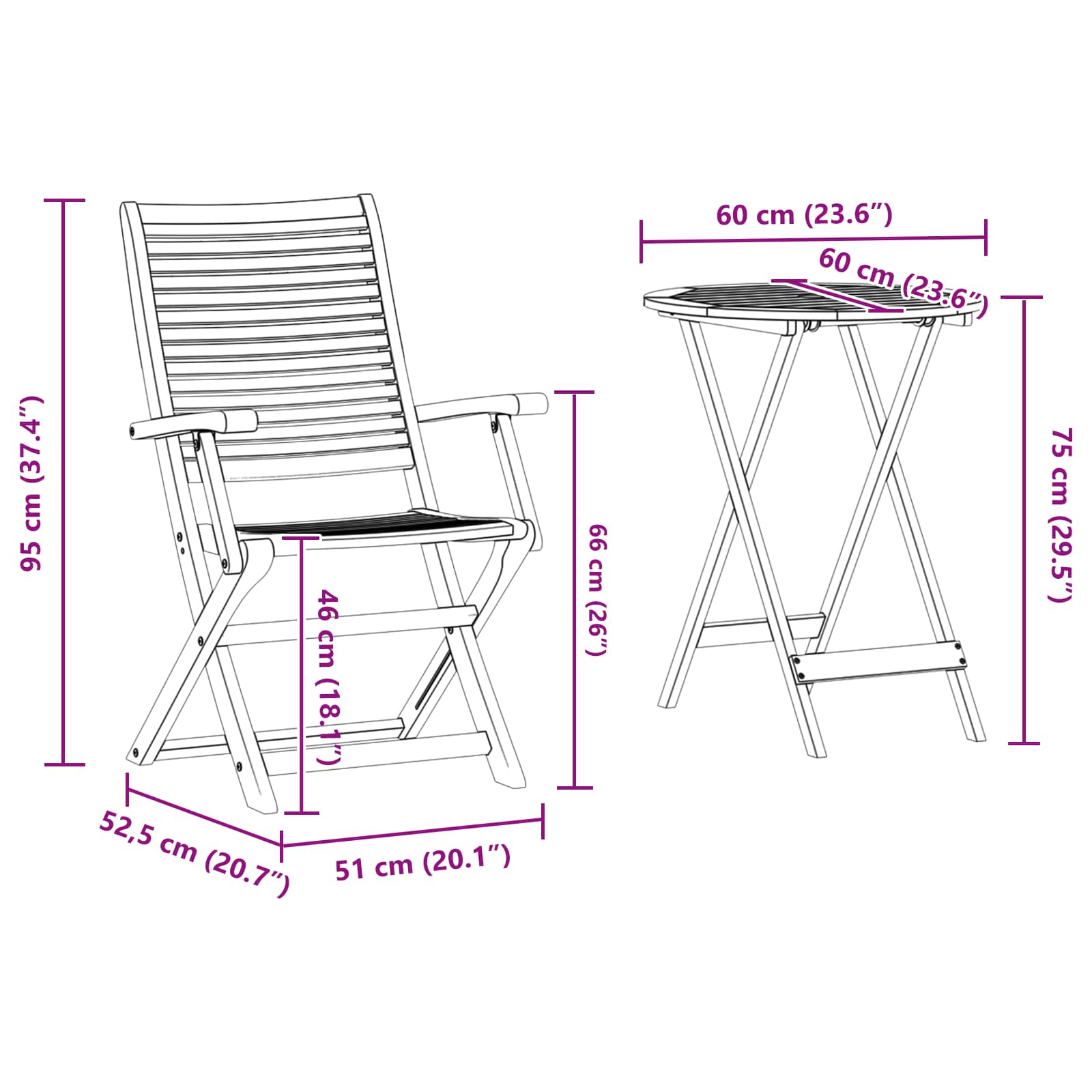 Klapp Bistro Set 3 stk. Braun Massivholz Akazie