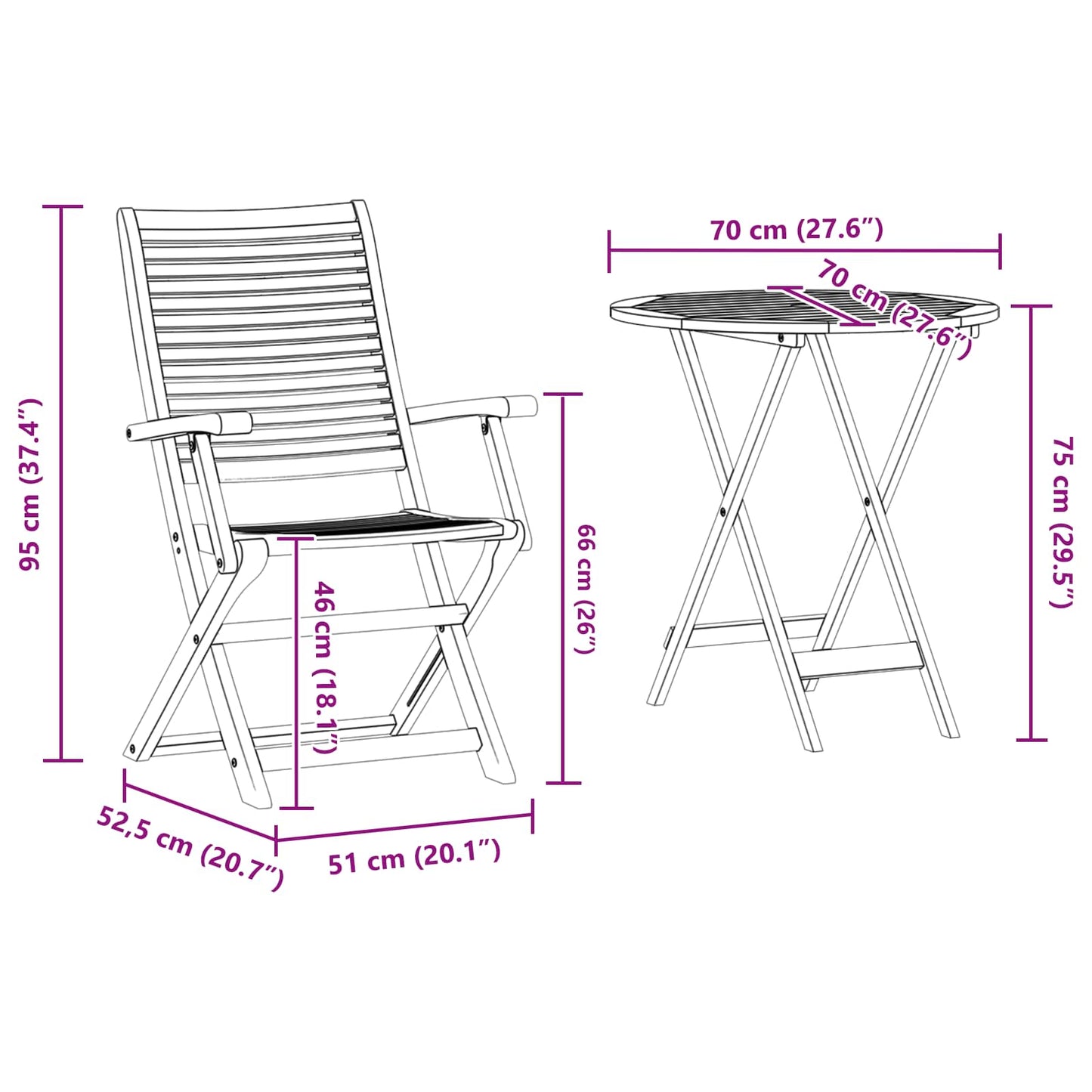 Klapp Bistro Set 3 stk. Braun Massivholz Akazie