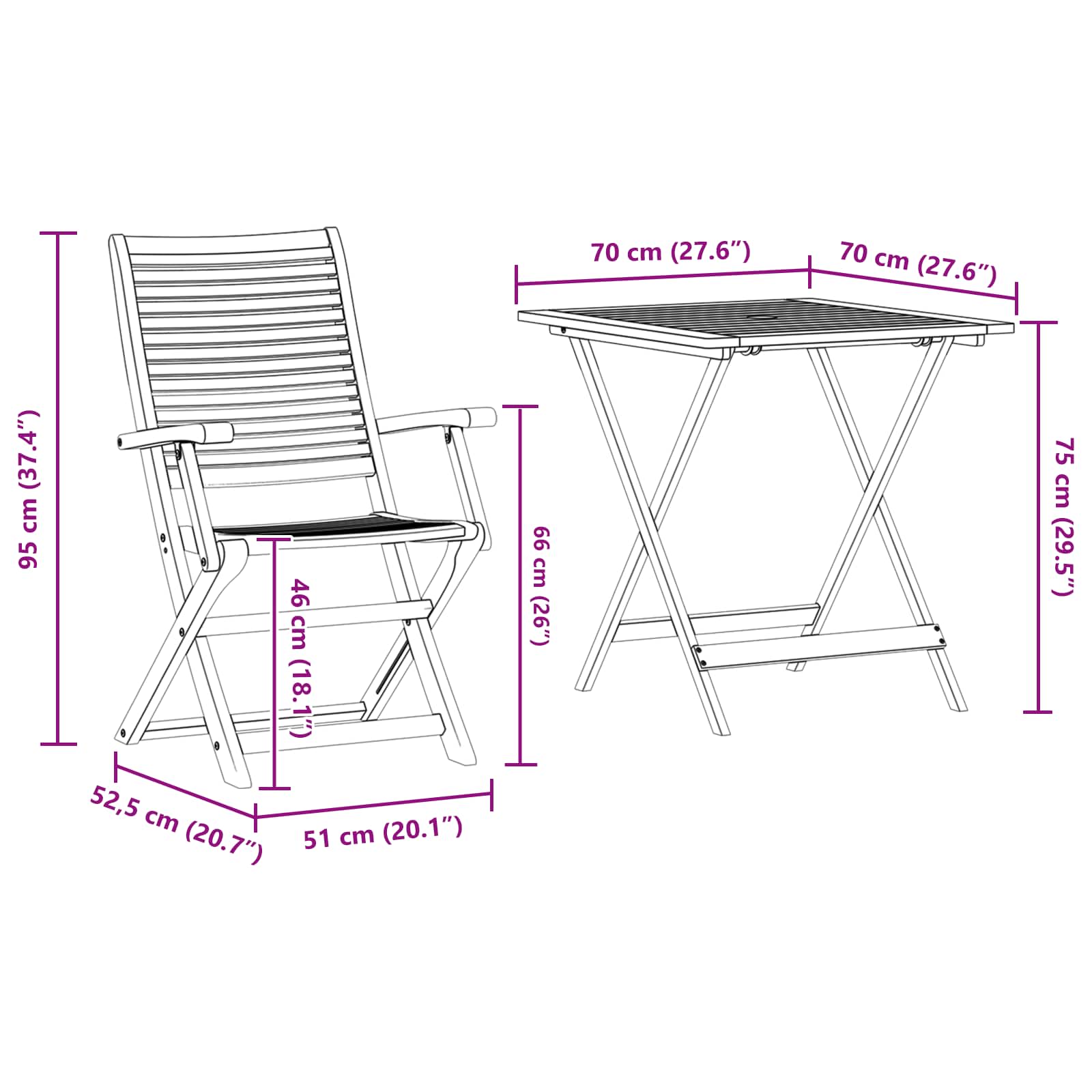 Klapp Bistro Set 3 stk. Braun Massivholz Akazie