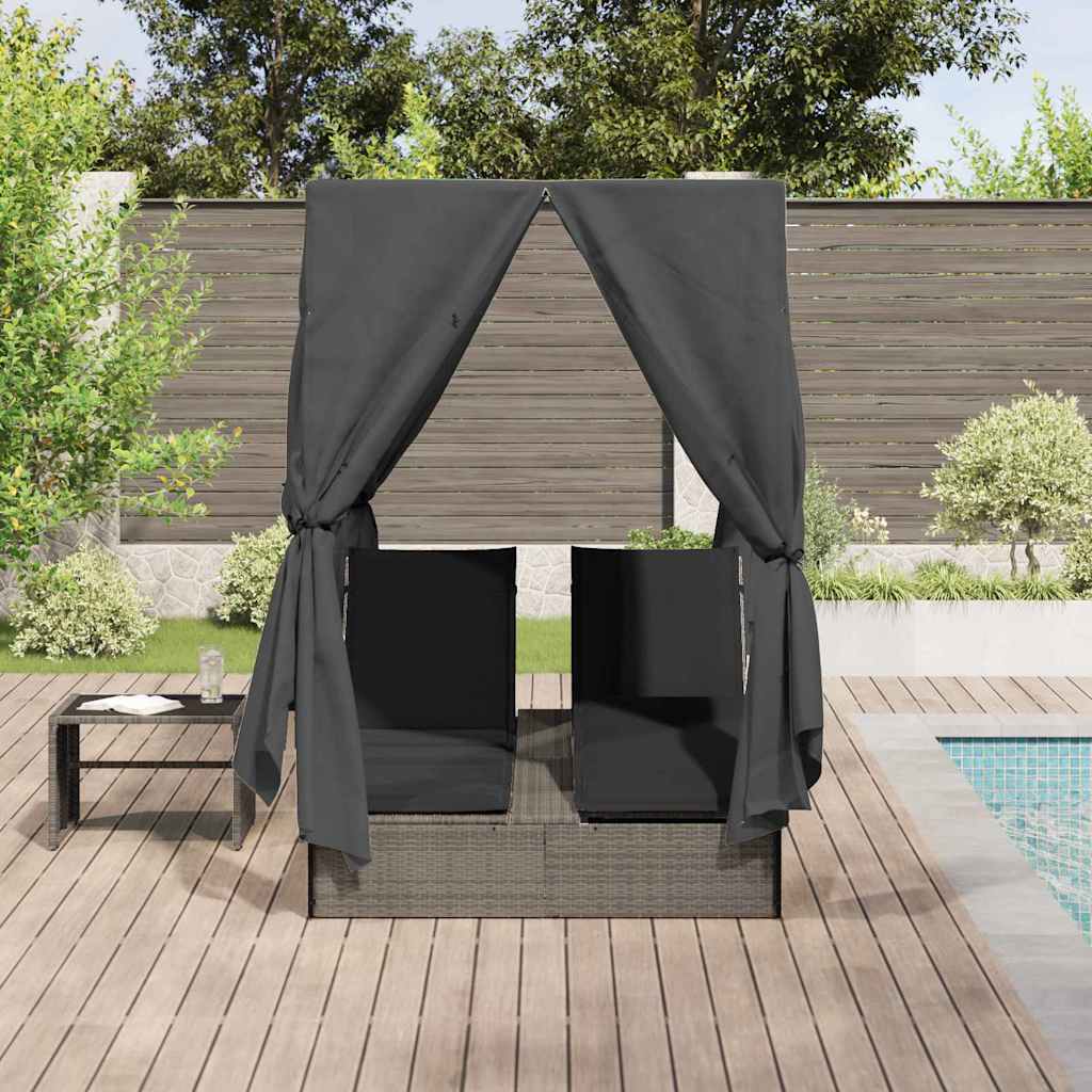 Bain de soleil double avec toit et rideaux en résine tressée grise