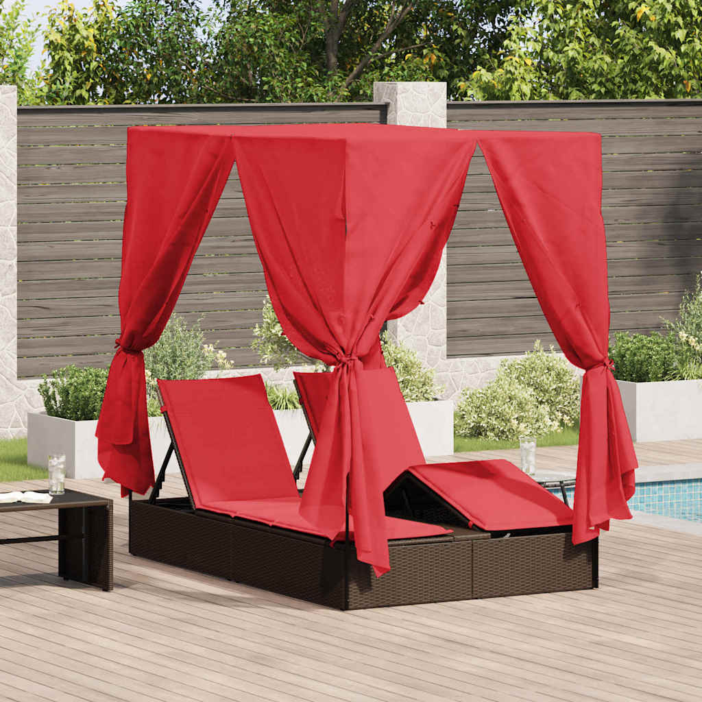 Ensemble de 2 chaises longues doubles en rotin et polyester marron et rouge