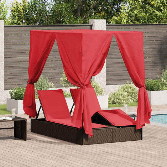 Ensemble de 2 chaises longues doubles en rotin et polyester marron et rouge