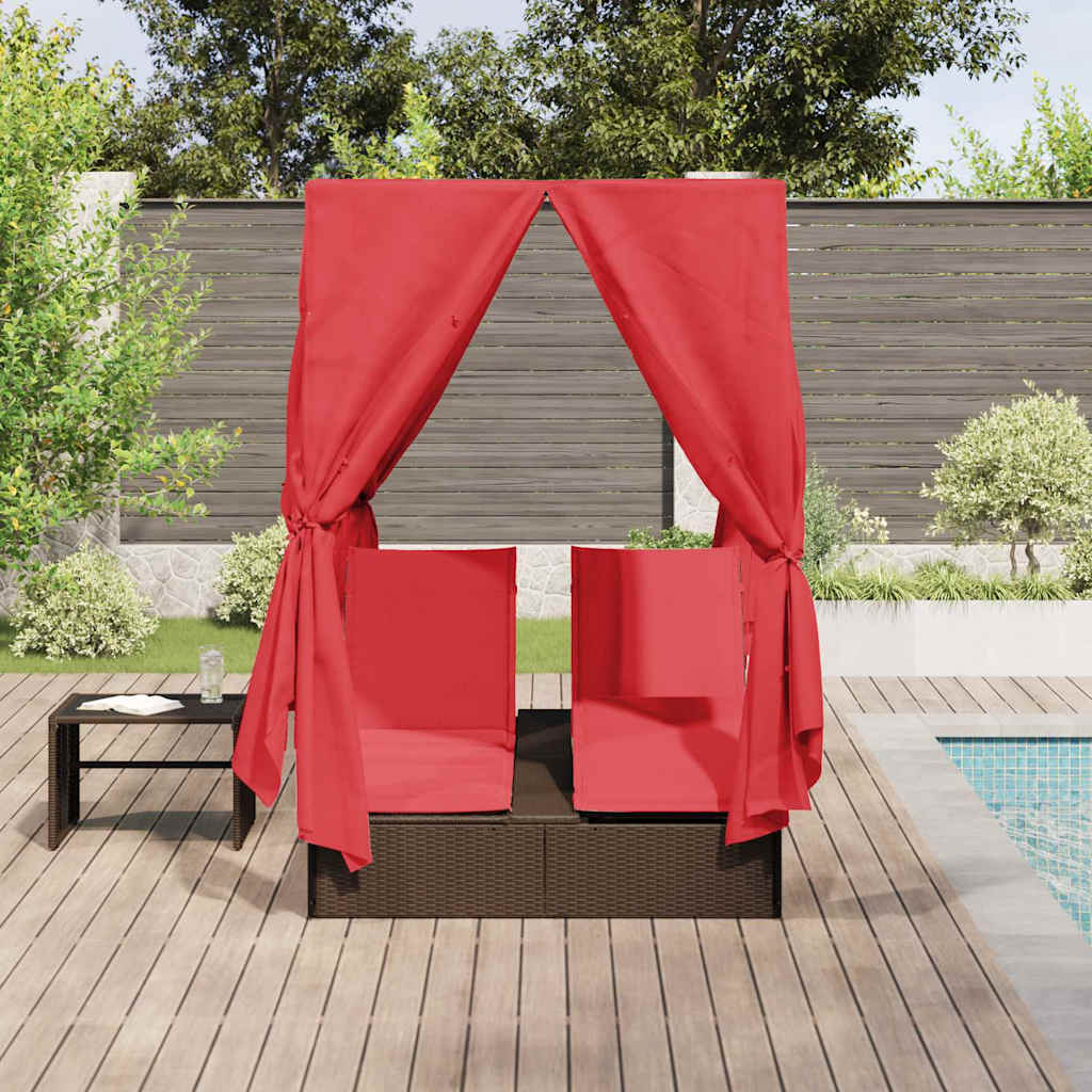 Ensemble de 2 chaises longues doubles en rotin et polyester marron et rouge