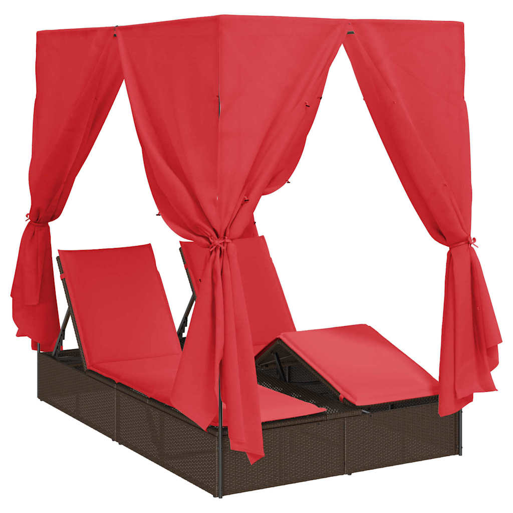 Ensemble de 2 chaises longues doubles en rotin et polyester marron et rouge