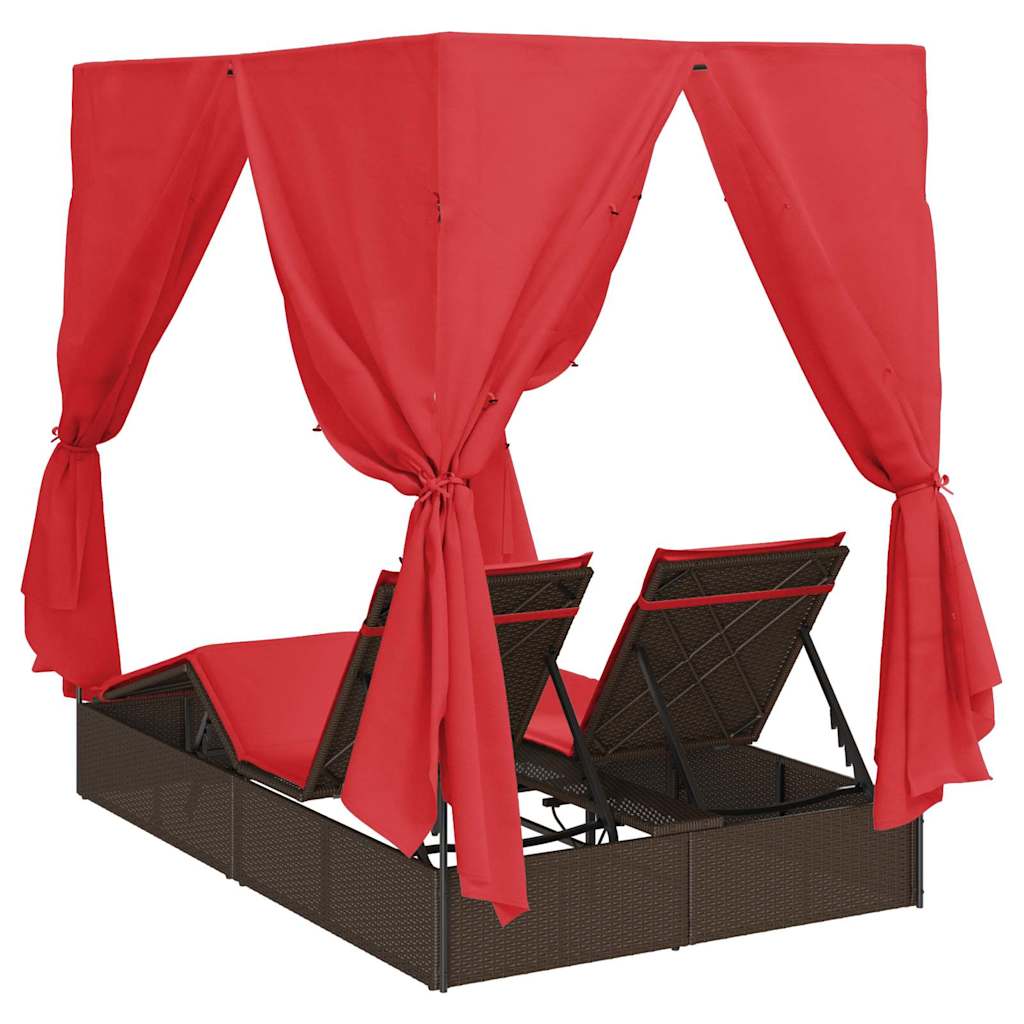 Ensemble de 2 chaises longues doubles en rotin et polyester marron et rouge