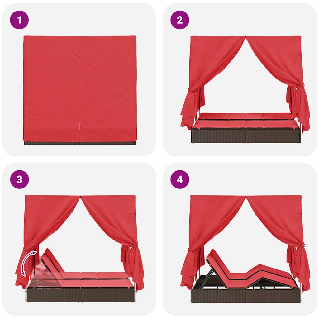 Ensemble de 2 chaises longues doubles en rotin et polyester marron et rouge