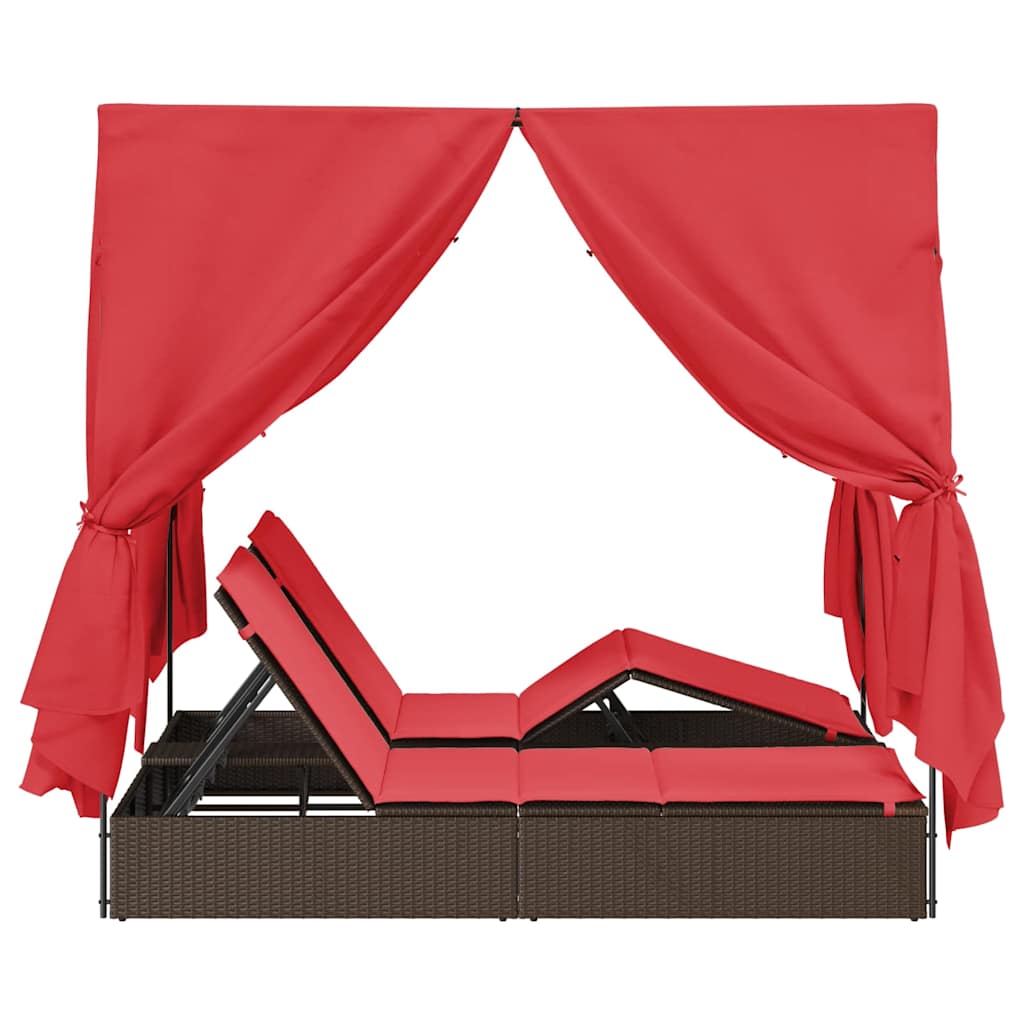 Ensemble de 2 chaises longues doubles en rotin et polyester marron et rouge
