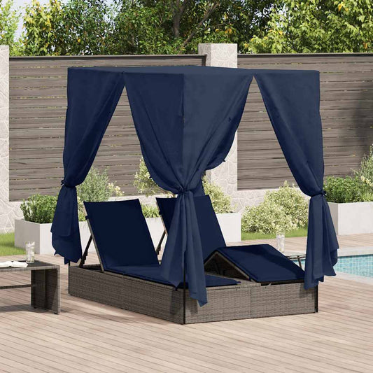 Ensemble de 2 chaises longues doubles en rotin gris et bleu marine de grande taille