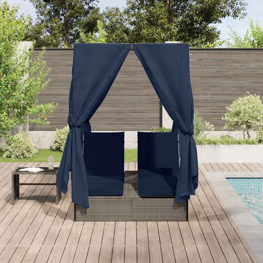 Ensemble de 2 chaises longues doubles en rotin gris et bleu marine de grande taille