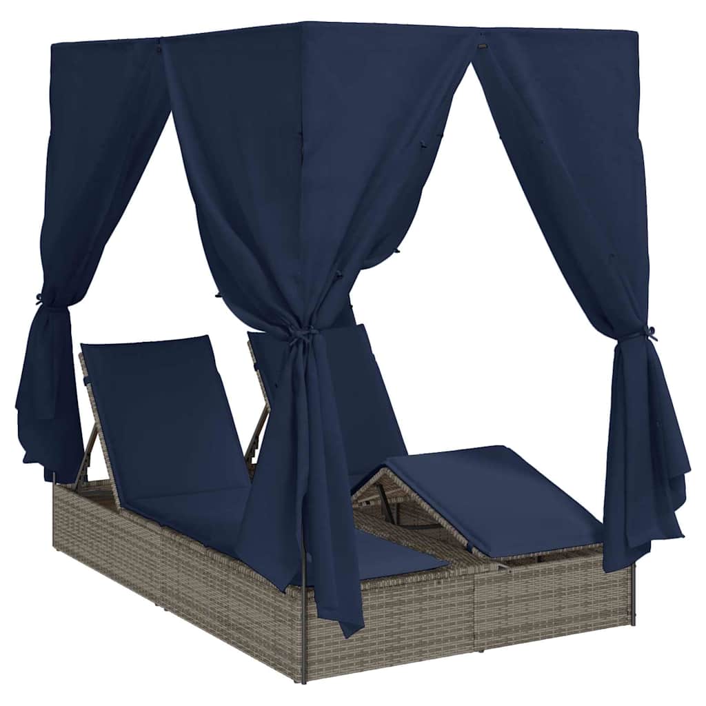 Ensemble de 2 chaises longues doubles en rotin gris et bleu marine de grande taille