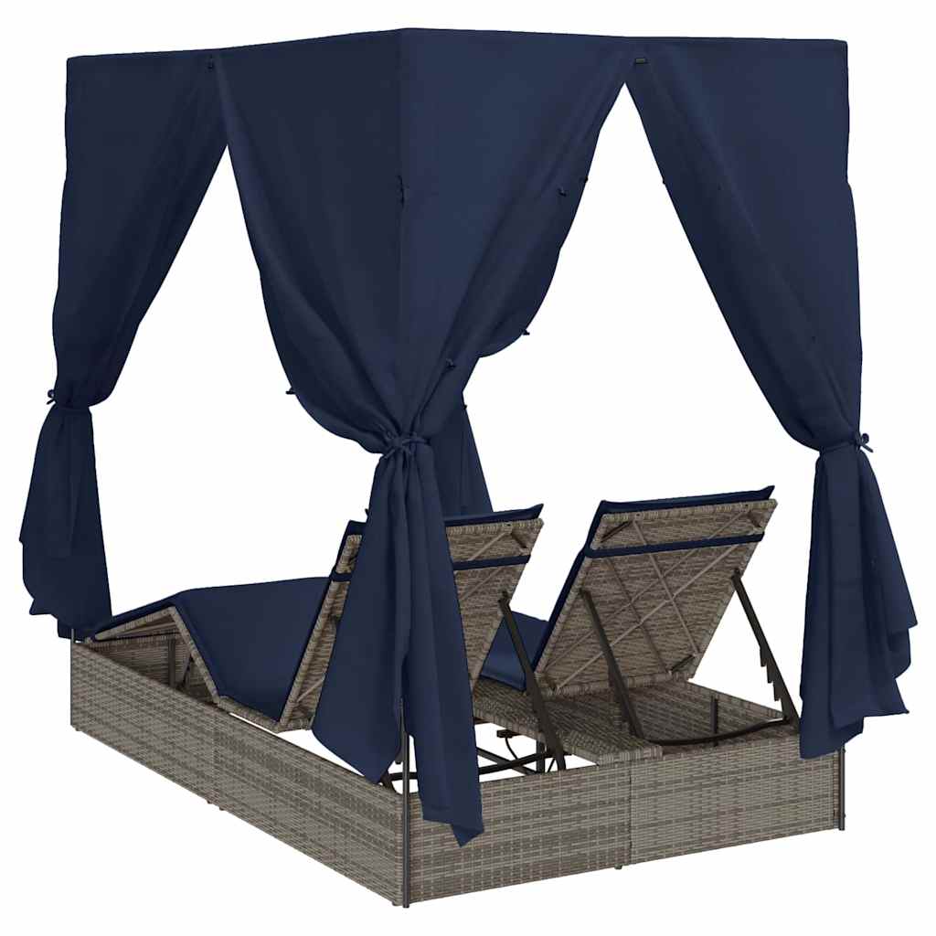 Ensemble de 2 chaises longues doubles en rotin gris et bleu marine de grande taille