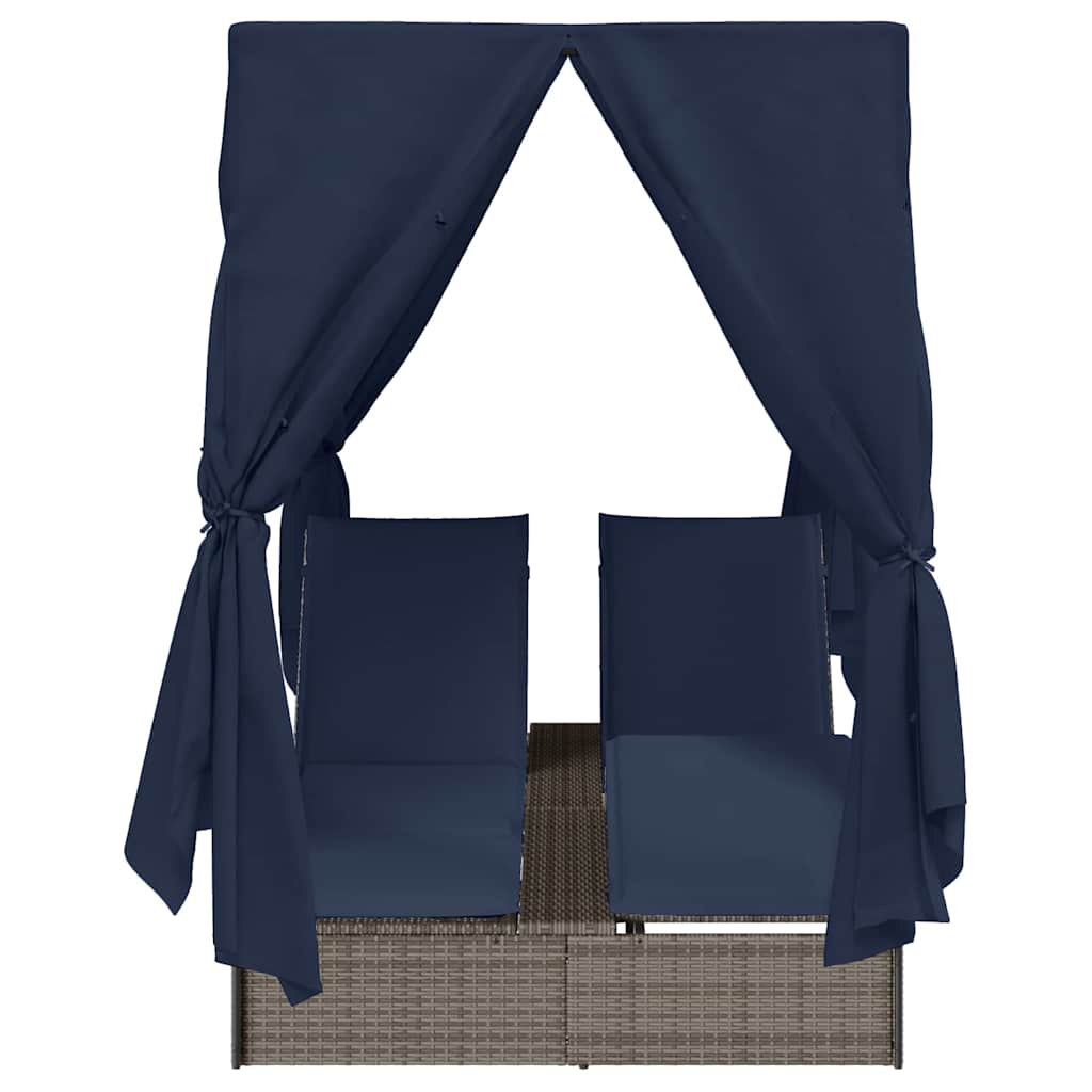 Ensemble de 2 chaises longues doubles en rotin gris et bleu marine de grande taille