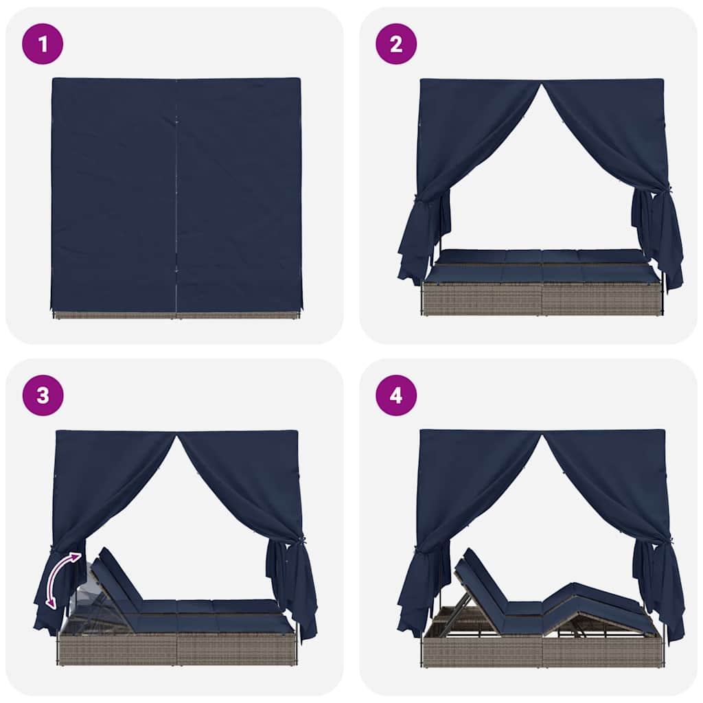 Ensemble de 2 chaises longues doubles en rotin gris et bleu marine de grande taille