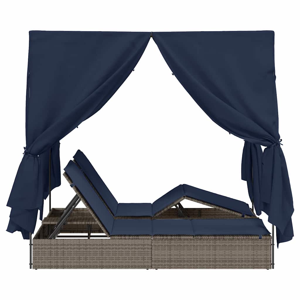 Ensemble de 2 chaises longues doubles en rotin gris et bleu marine de grande taille