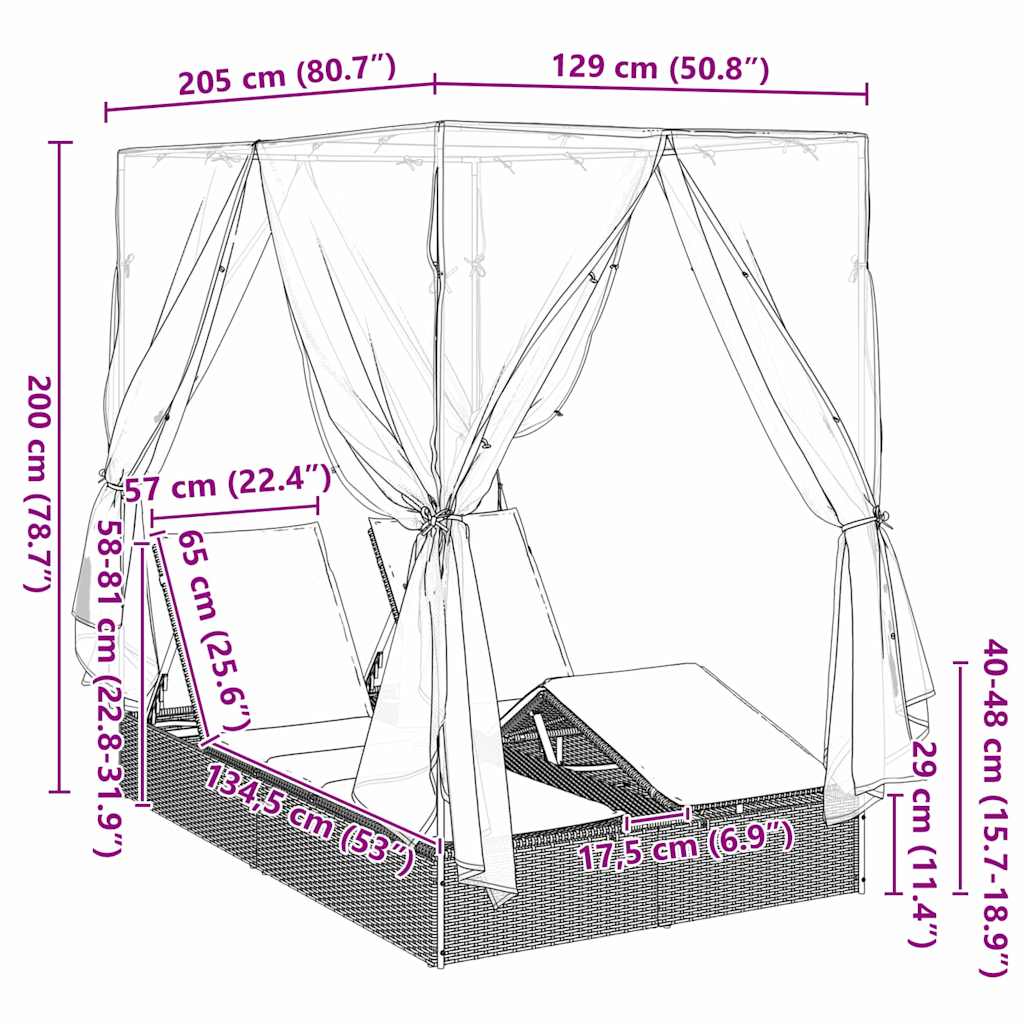 Doppelte Sonnenliege Schwarz 205 x 129 x 200 cm Poly-Rattan
