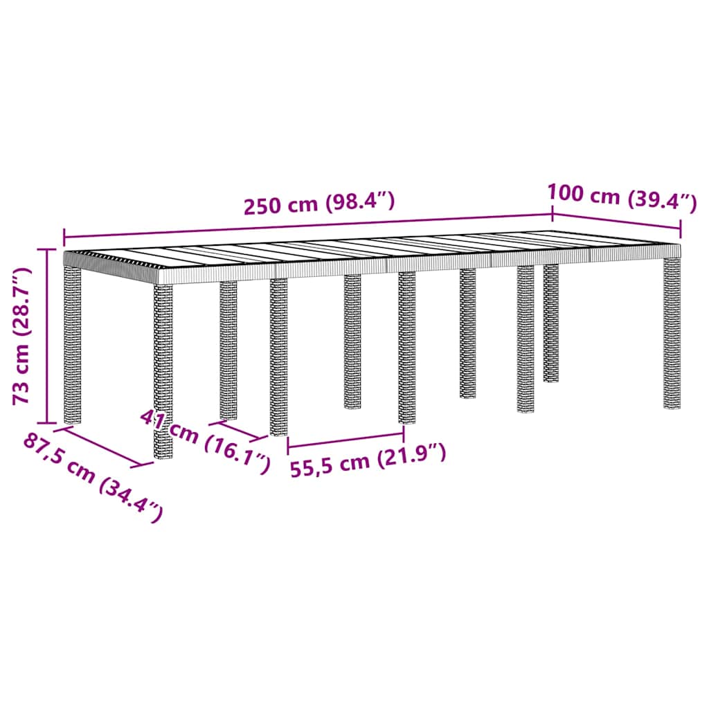 Wetterfester Gartentisch Hellgrau 250 x 100 x 73 cm Poly-Rattan