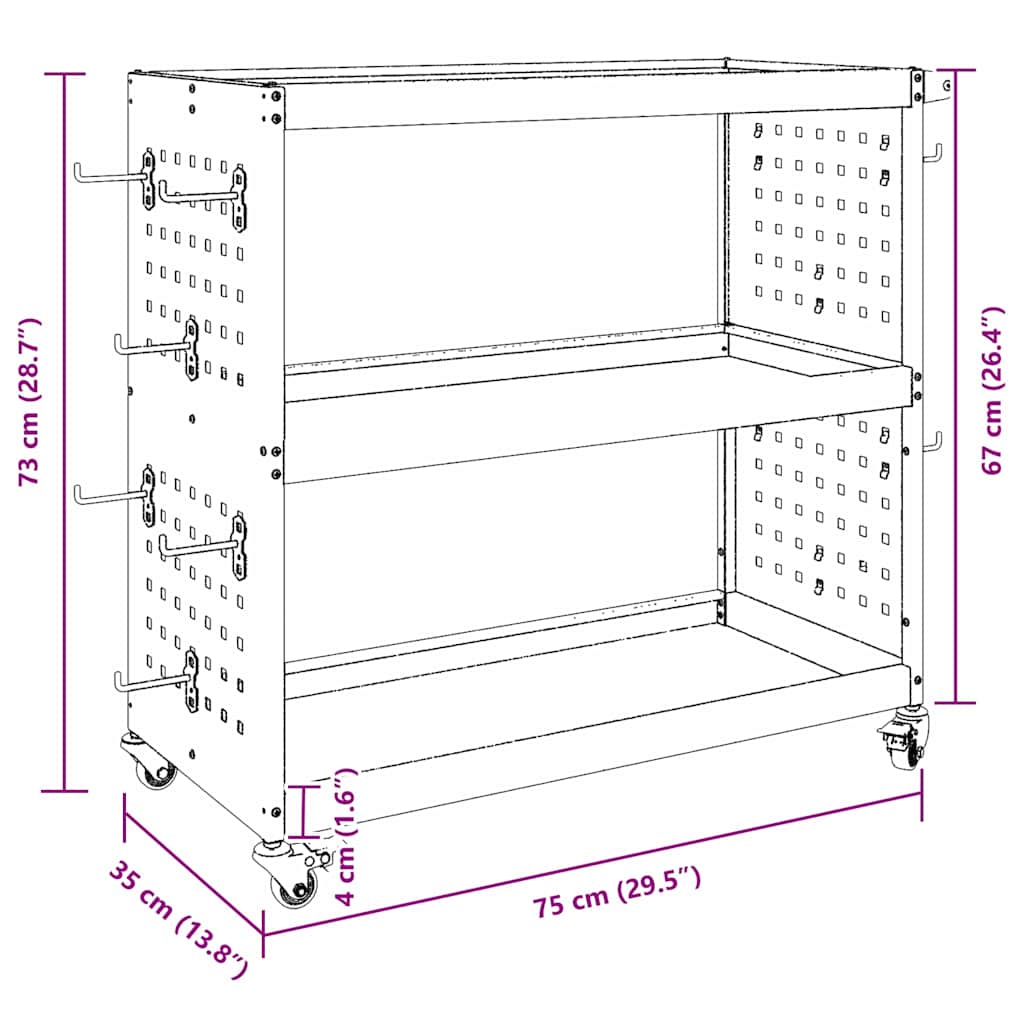 Werkzeugwagen Schwarz 75 x 35 x 73 cm Kaltgewalzter Stahl