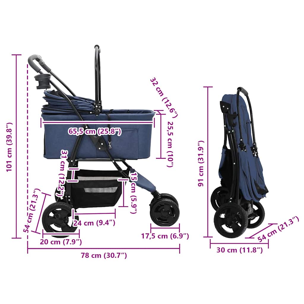 Faltbarer Haustierwagen Blau 78 x 54 x 101 cm Polyester