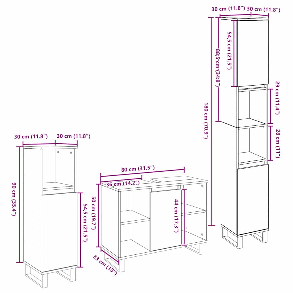 Badezimmermöbel-Set 3 stk. Braun 30 x 30 x 180 cm Holzwerkstoff