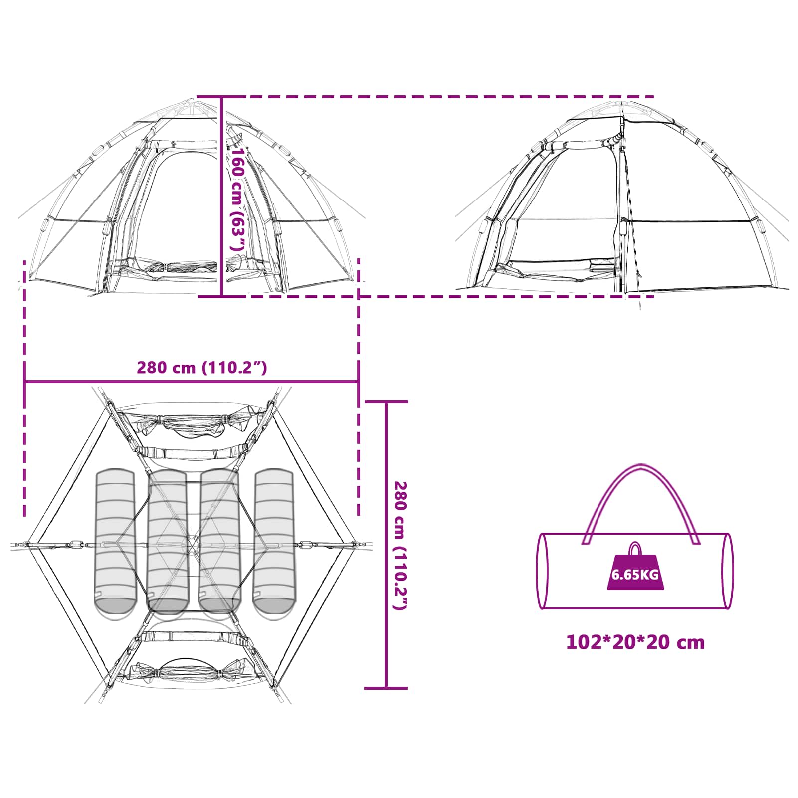 Schnellmontagezelt mit Regenhaube für 4 Personen mit Dach Blau