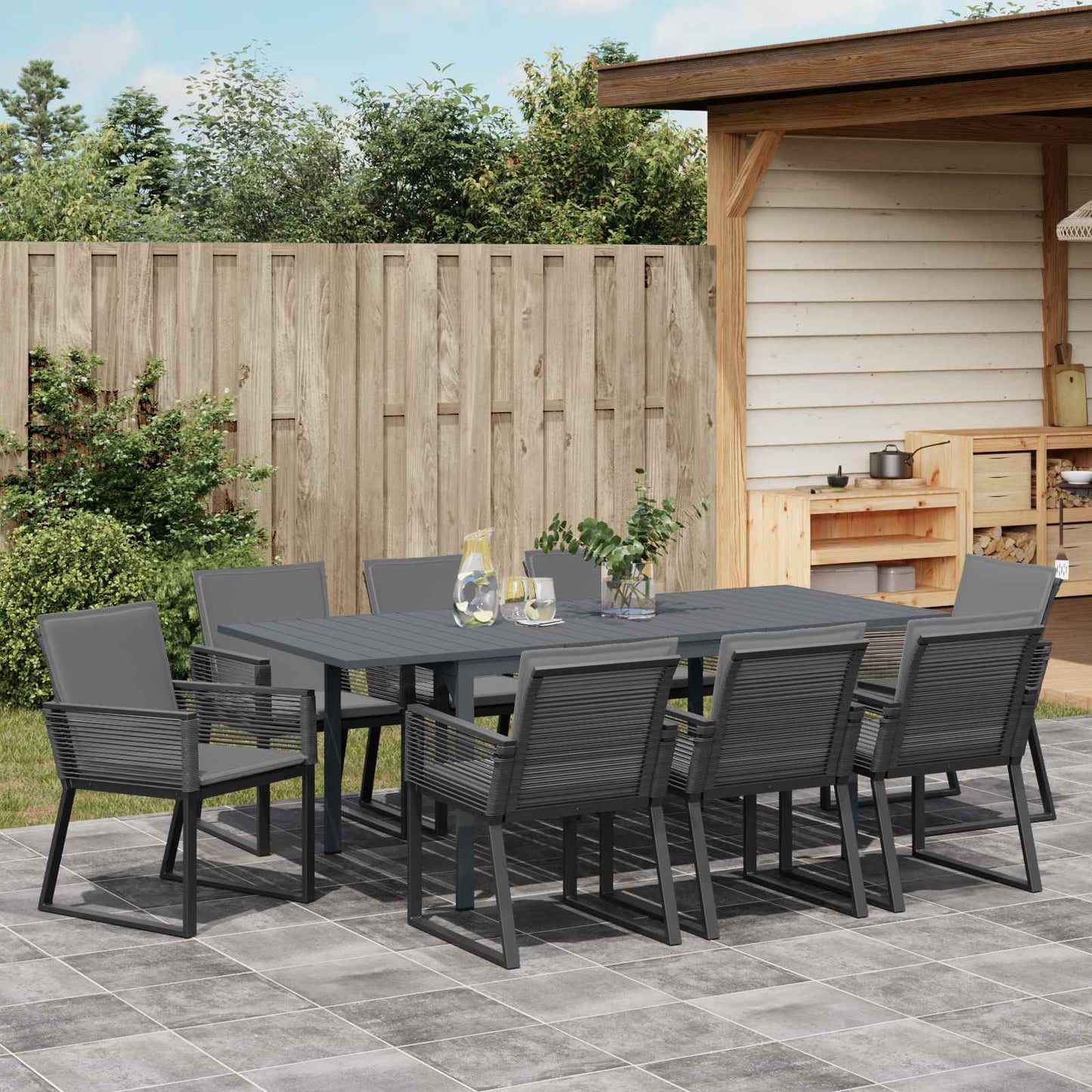Garten Essgruppe 9 pcs Schwarz Poly-Rattan