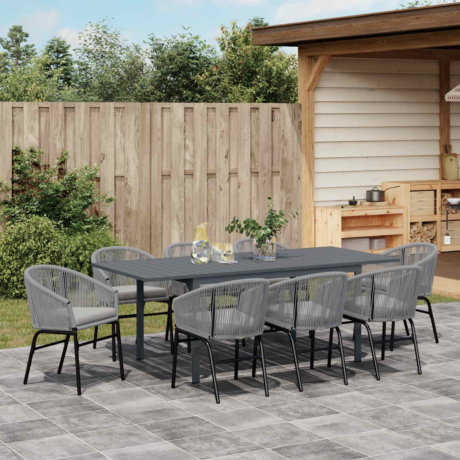 Garten Essgruppe 9 stk. Grau Poly-Rattan