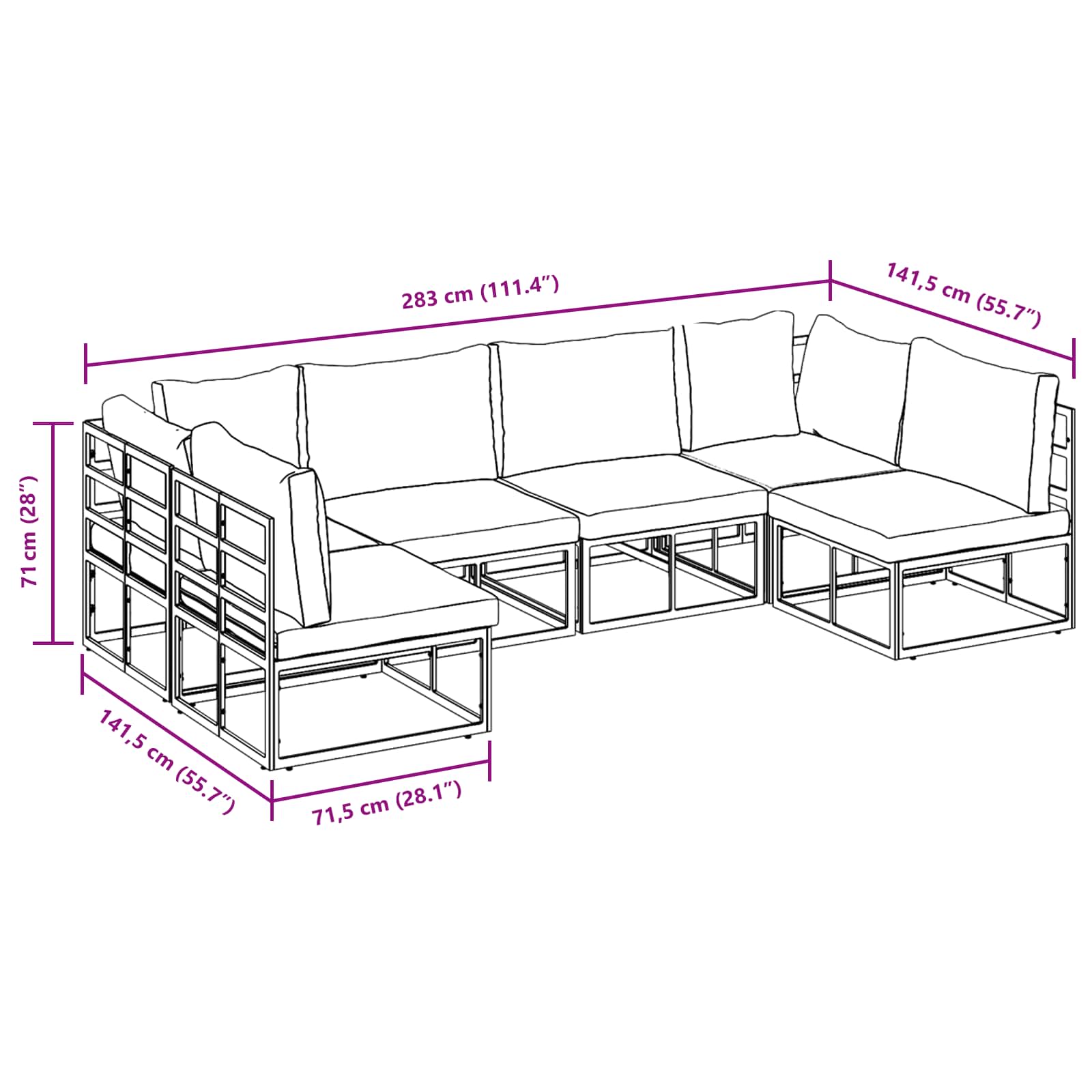 Gartensofa-set mit Kissen 6 pcs Schwarz Aluminium