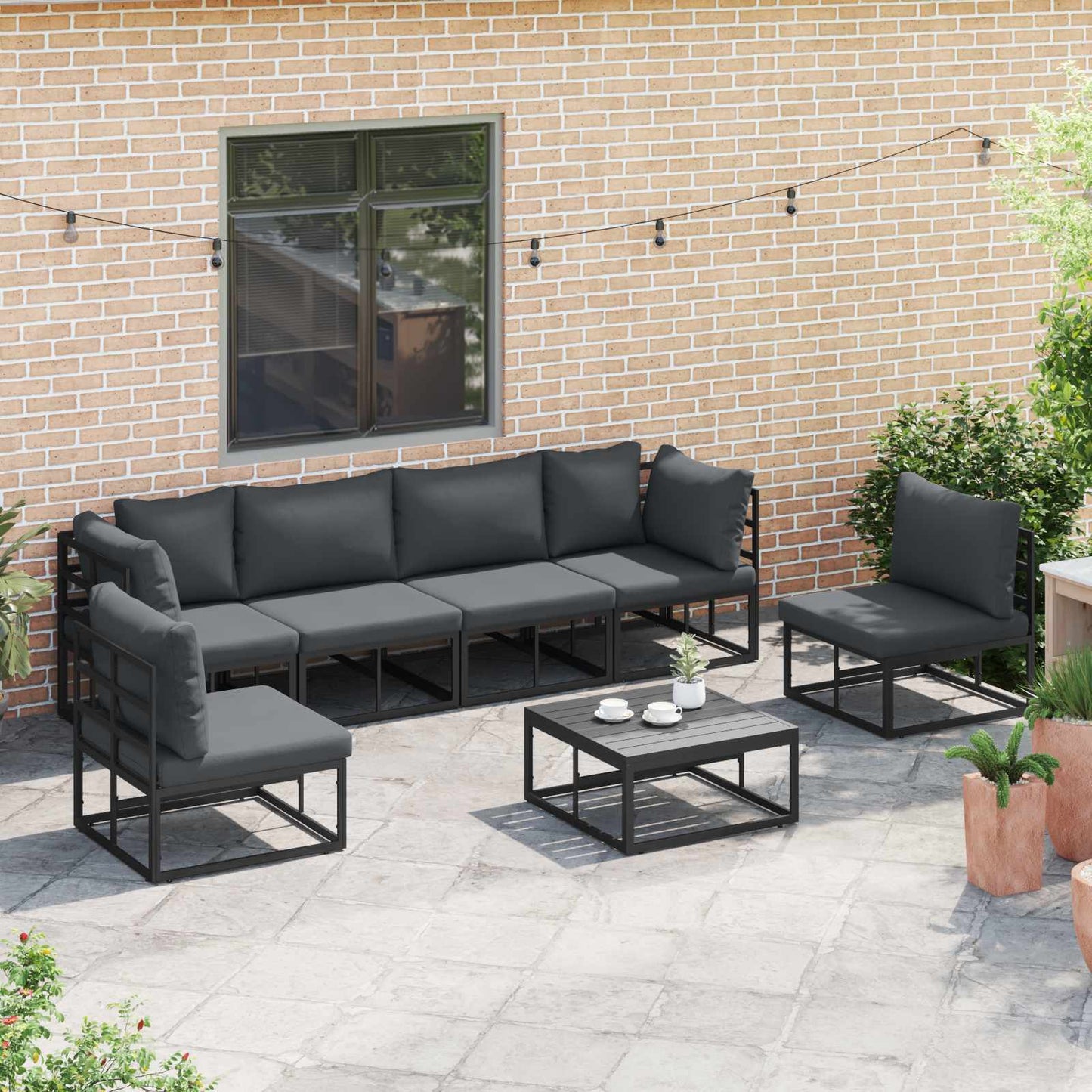 Gartensofa-set mit Kissen 7 pcs Schwarz Aluminium