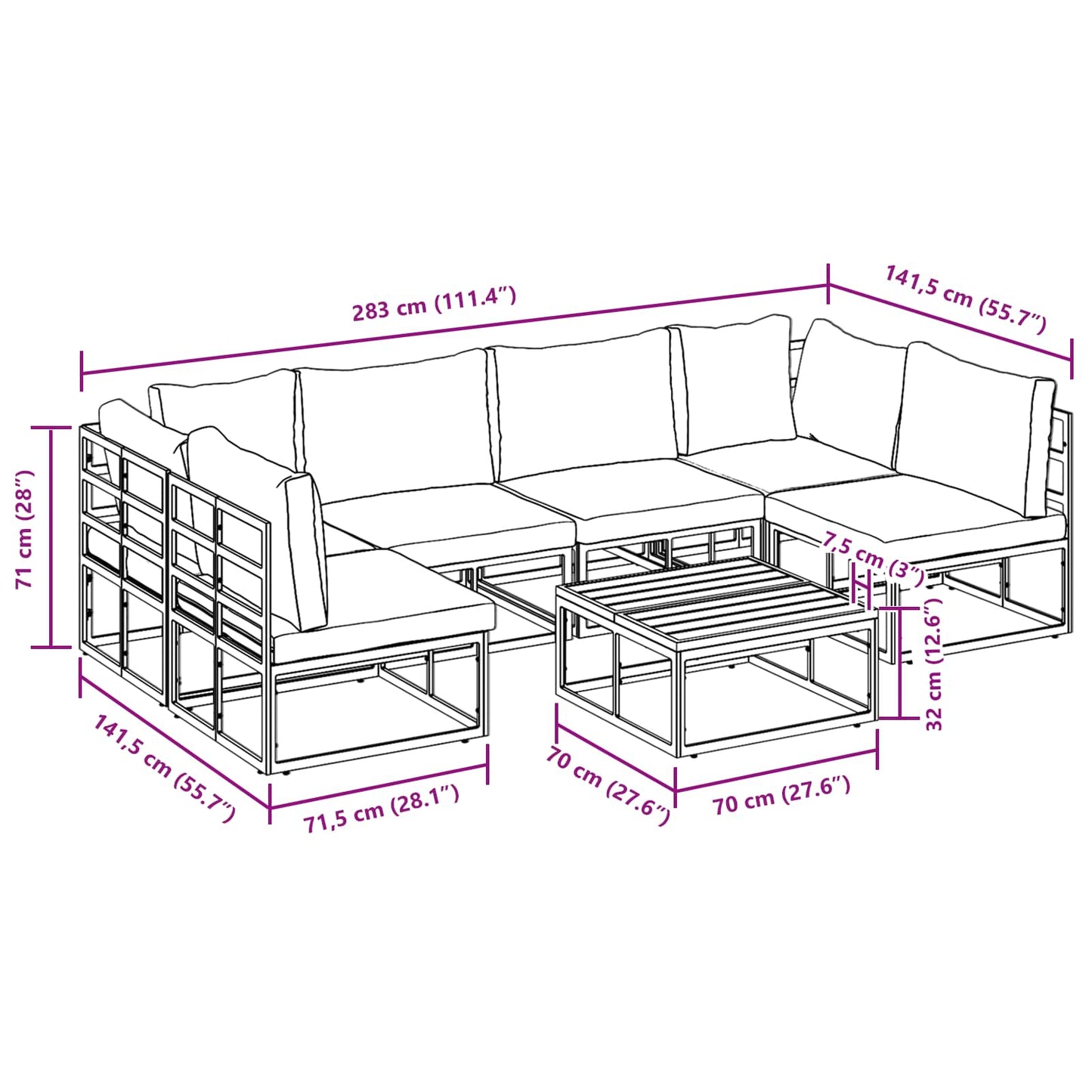 Gartensofa-set mit Kissen 7 pcs Schwarz Aluminium